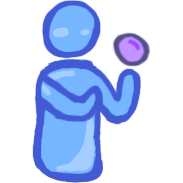 blue figure with one palm out and the other has a ball hovering above it